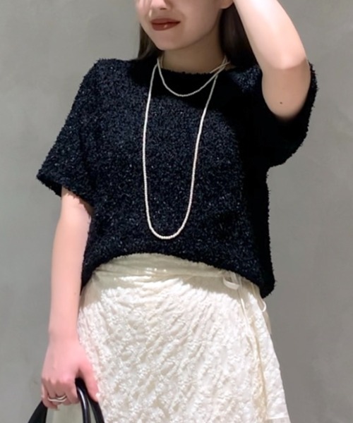 JEANASIS(ジーナシス)の「リボンヤーンプルオーバー SS/452449(ニット/セーター・レディース・ブラック/オフホワイト/ピンク・FREE)」の1枚目の写真