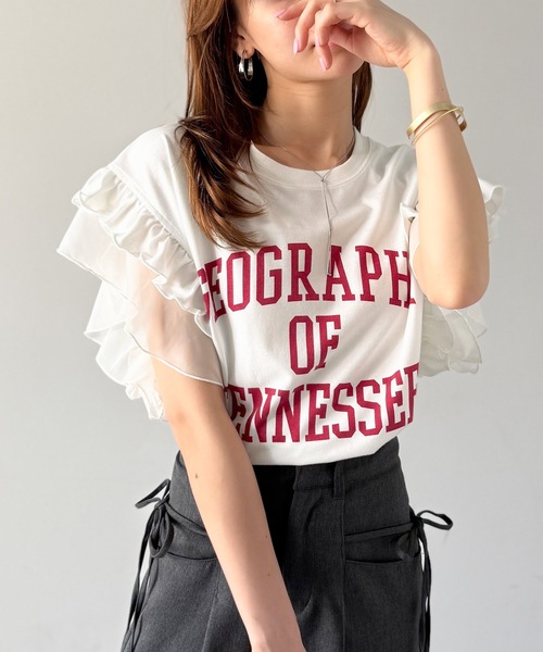 Myineフリル付き黒白半袖Tシャツ　値下げ！ セール】【mily bilet】可愛さふわり2倍増し！ ダブルフリル袖