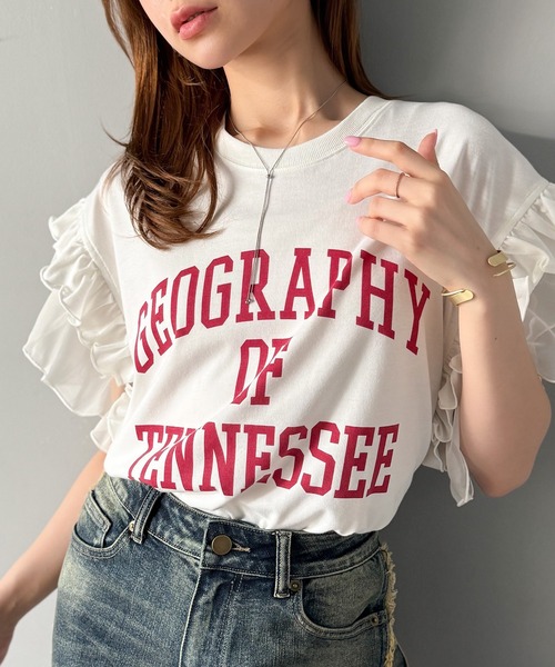 mily bilet（ミウィビレット）の「【mily bilet】可愛さふわり2倍増し！ ダブルフリル袖カレッジライクロゴゆるTシャツ（Tシャツ/カットソー・レディース・オートミール/イエロー/オフホワイト・LARGE/MEDIUM/SMALL/X-LARGE）」の16枚目の写真