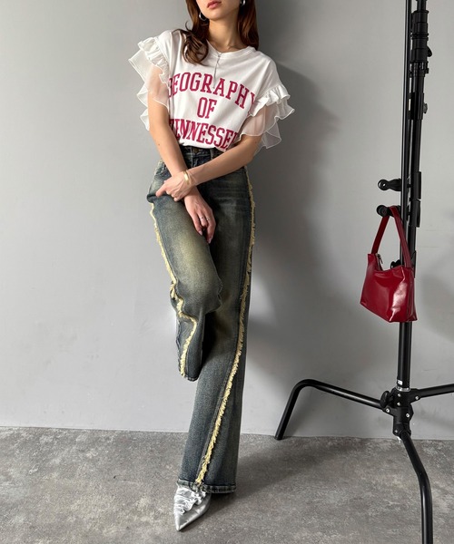 mily bilet（ミウィビレット）の「【mily bilet】可愛さふわり2倍増し！ ダブルフリル袖カレッジライクロゴゆるTシャツ（Tシャツ/カットソー・レディース・オートミール/イエロー/オフホワイト・LARGE/MEDIUM/SMALL/X-LARGE）」の17枚目の写真