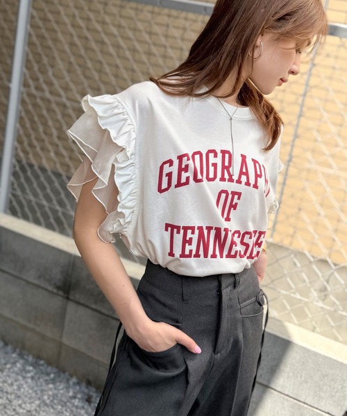 mily bilet（ミウィビレット）の「【mily bilet】可愛さふわり2倍増し！ ダブルフリル袖カレッジライクロゴゆるTシャツ（Tシャツ/カットソー・レディース・オートミール/イエロー/オフホワイト・LARGE/MEDIUM/SMALL/X-LARGE）」の20枚目の写真