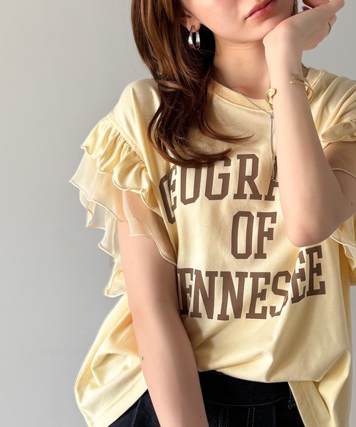 mily bilet（ミウィビレット）の「【mily bilet】可愛さふわり2倍増し！ ダブルフリル袖カレッジライクロゴゆるTシャツ（Tシャツ/カットソー・レディース・オートミール/イエロー/オフホワイト・LARGE/MEDIUM/SMALL/X-LARGE）」の11枚目の写真