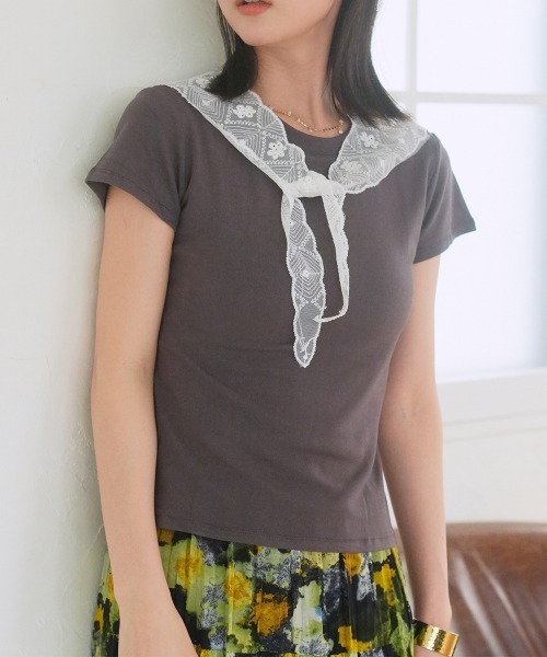 Rejoule(リジュール)の「レーススカーフ付き クロップド丈コンパクトTシャツ(Tシャツ/カットソー・レディース・チャコールグレー/ライトイエロー/ライトブルー/ホワイト・FREE)」の8枚目の写真