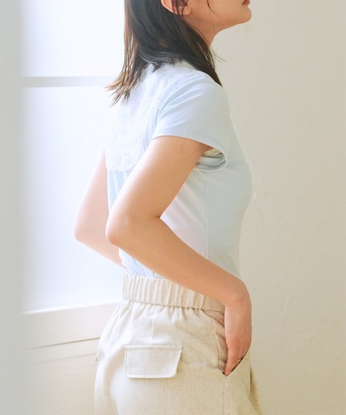 Rejoule(リジュール)の「レーススカーフ付き クロップド丈コンパクトTシャツ(Tシャツ/カットソー・レディース・チャコールグレー/ライトイエロー/ライトブルー/ホワイト・FREE)」の13枚目の写真