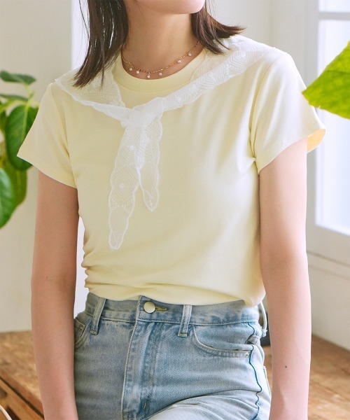 Rejoule(リジュール)の「レーススカーフ付き クロップド丈コンパクトTシャツ(Tシャツ/カットソー・レディース・チャコールグレー/ライトイエロー/ライトブルー/ホワイト・FREE)」の14枚目の写真