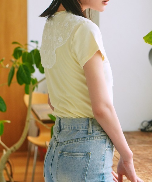 Rejoule(リジュール)の「レーススカーフ付き クロップド丈コンパクトTシャツ(Tシャツ/カットソー・レディース・チャコールグレー/ライトイエロー/ライトブルー/ホワイト・FREE)」の15枚目の写真