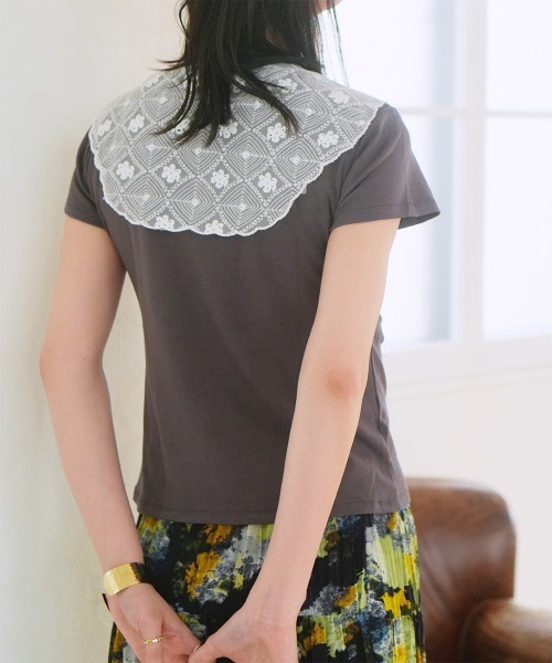 Rejoule(リジュール)の「レーススカーフ付き クロップド丈コンパクトTシャツ(Tシャツ/カットソー・レディース・チャコールグレー/ライトイエロー/ライトブルー/ホワイト・FREE)」の9枚目の写真