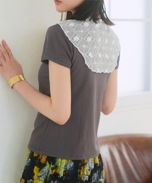 Rejoule(リジュール)の「レーススカーフ付き クロップド丈コンパクトTシャツ(Tシャツ/カットソー・レディース・チャコールグレー/ライトイエロー/ライトブルー/ホワイト・FREE)」の10枚目の写真