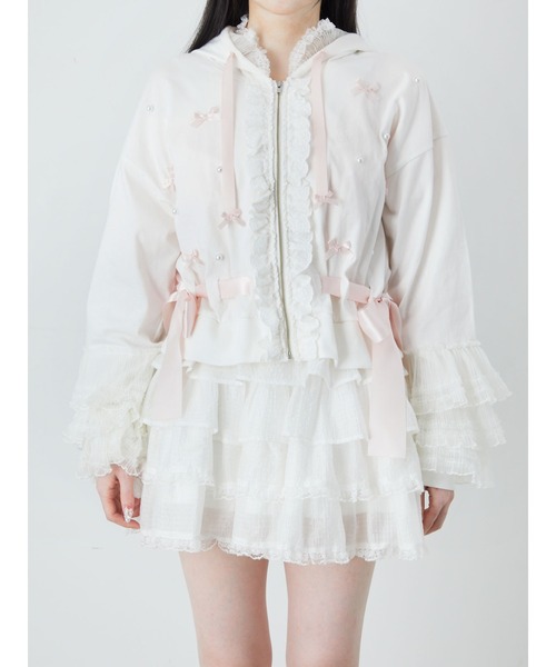 Ank Rouge（アンクルージュ）の「フリルリボンショートパーカー（パーカー・レディース・ホワイト/ピンク/ブラック・M）」の5枚目の写真