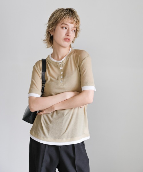 select MOCA(セレクトモカ)の「レイヤードライクヘンリーネックシアートップス(Tシャツ/カットソー・レディース・ベージュ/チャコール/グレー・FREE)」の17枚目の写真