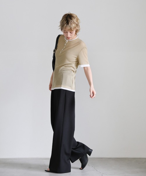 レイヤードライクヘンリーネックシアートップス（Tシャツ/カットソー