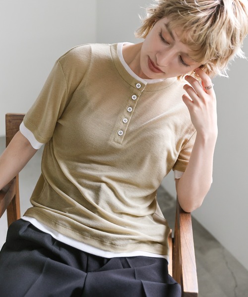 select MOCA(セレクトモカ)の「レイヤードライクヘンリーネックシアートップス(Tシャツ/カットソー・レディース・ベージュ/チャコール/グレー・FREE)」の21枚目の写真