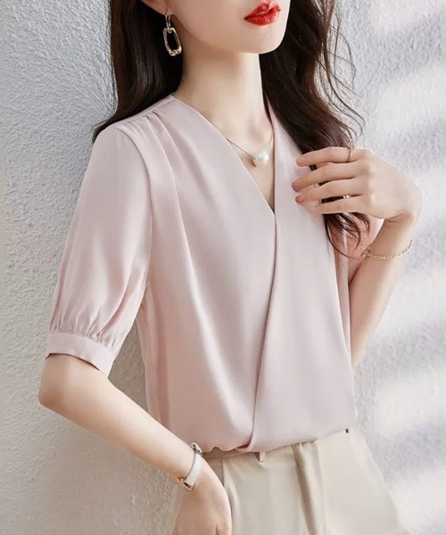 Beststore(ベストストア)の「トップス vネック シャツブラウス 半袖(シャツ/ブラウス・レディース・ホワイト/ピンク・FREE)」の8枚目の写真