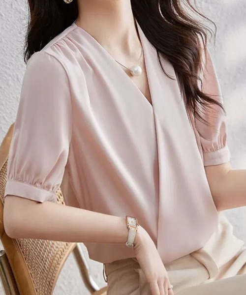 Beststore(ベストストア)の「トップス vネック シャツブラウス 半袖(シャツ/ブラウス・レディース・ホワイト/ピンク・FREE)」の7枚目の写真