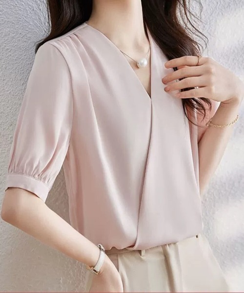 Beststore(ベストストア)の「トップス vネック シャツブラウス 半袖(シャツ/ブラウス・レディース・ホワイト/ピンク・FREE)」の6枚目の写真