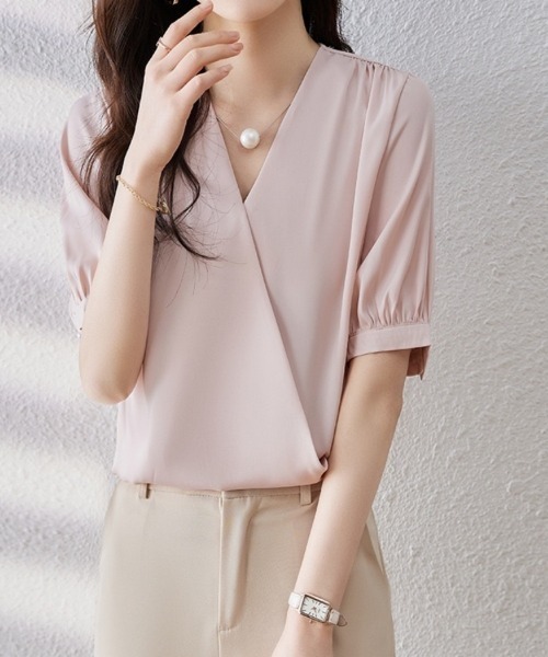 Beststore(ベストストア)の「トップス vネック シャツブラウス 半袖(シャツ/ブラウス・レディース・ホワイト/ピンク・FREE)」の9枚目の写真
