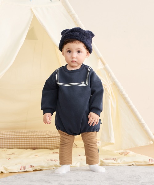 combimini(コンビミニ)の「カノコ裏起毛BIGボディTシャツ(セーラーライン)(Tシャツ/カットソー・キッズ・ネイビー/ライトベージュ・70-80)」の2枚目の写真
