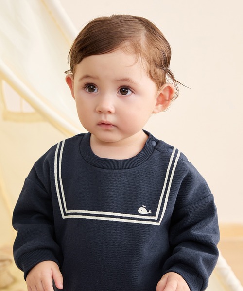 combimini(コンビミニ)の「カノコ裏起毛BIGボディTシャツ(セーラーライン)(Tシャツ/カットソー・キッズ・ネイビー/ライトベージュ・70-80)」の6枚目の写真
