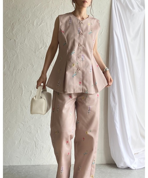 セットアップ 花柄プリント 2ピース シャツ パンツ 上品 セール】花柄フラワープリントジレベスト&パンツスタイル上下