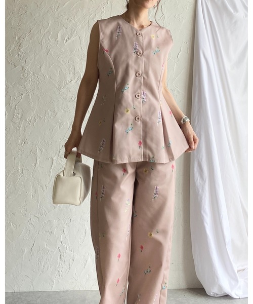 セットアップ 花柄プリント 2ピース シャツ パンツ 上品 セール】花柄フラワープリントジレベスト＆パンツスタイル上下