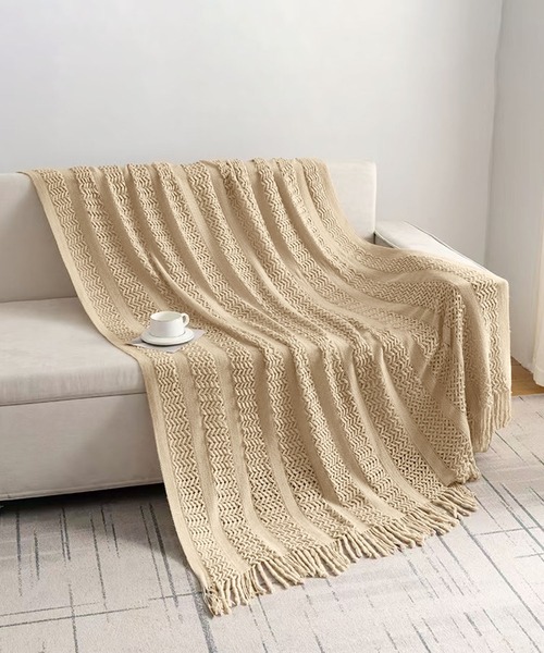 セール】ボヘミアン風フリンジニットブランケット（ブランケット
