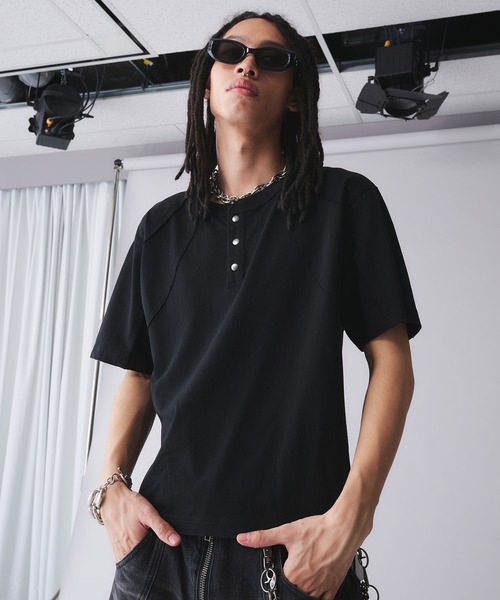 セール】Metal Henry neck T-shirt /メタルヘンリーネックT
