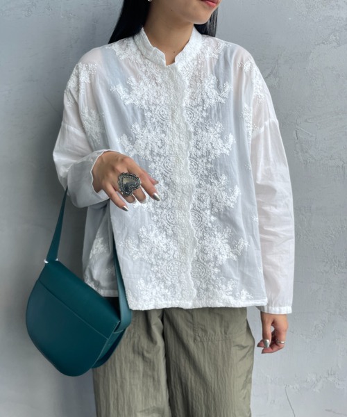 美品 ミズイロインド 刺繍 レース ブラウス スタンドカラー 匿名配送 美品 ミズイロインド 刺繍 レース ブラウス スタンドカラー 匿名