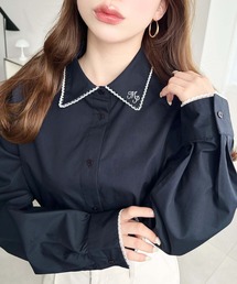 衿ワンポイント刺繍ピコレース長袖ブラウス