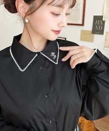 衿ワンポイント刺繍ピコレース長袖ブラウス