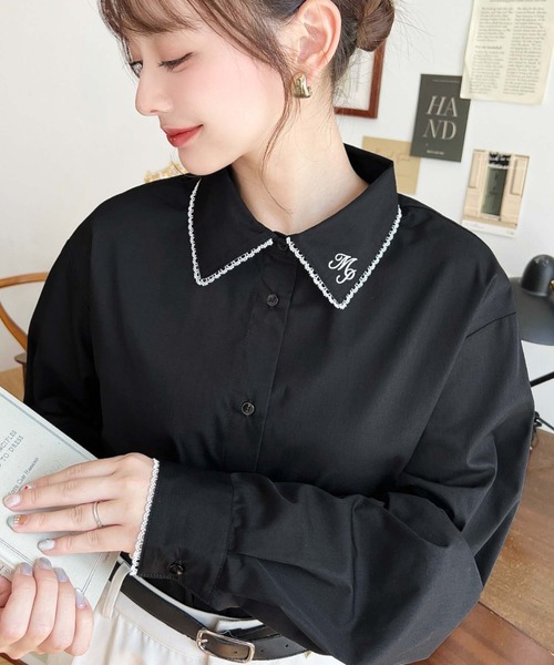 セール】衿ワンポイント刺繍ピコレース長袖ブラウス（シャツ/ブラウス