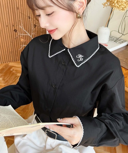 セール】衿ワンポイント刺繍ピコレース長袖ブラウス（シャツ/ブラウス