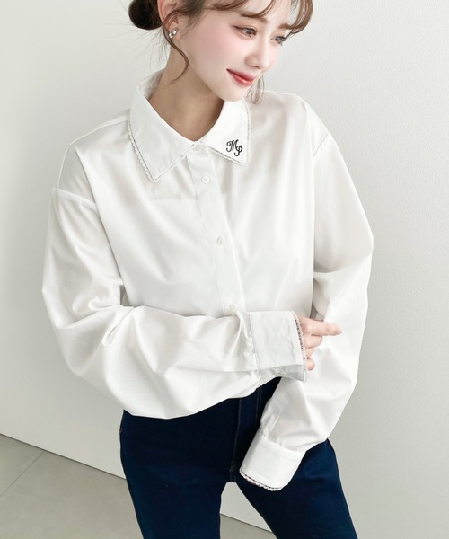 セール】衿ワンポイント刺繍ピコレース長袖ブラウス（シャツ/ブラウス