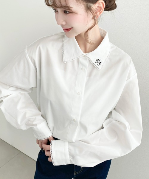 セール】衿ワンポイント刺繍ピコレース長袖ブラウス（シャツ/ブラウス