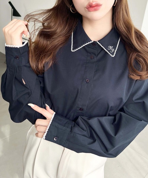 セール】衿ワンポイント刺繍ピコレース長袖ブラウス（シャツ/ブラウス