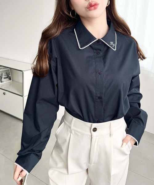 衿刺繍ひらひら袖ブラウス❤️ セール】衿ワンポイント刺繍ピコレース長袖ブラウス（シャツ/ブラウス