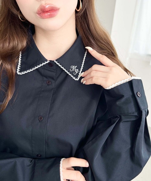 衿ワンポイント刺繍ピコレース長袖ブラウス（シャツ/ブラウス