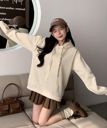 韓国風 春服 オーバーサイズ スピンドル英字リボンデザイン 裏起毛 フーディー スウェット パーカー -ARCADE Limited Line-