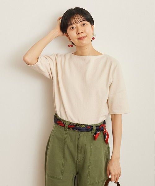 CHILD WOMAN（チャイルドウーマン）の「16/2空紡糸ボーダー チェリー刺繍5分袖プルオーバー（Tシャツ/カットソー・レディース・ブルー/アイボリー/ネイビー/レッド・FREE）」の21枚目の写真