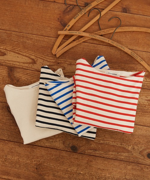 CHILD WOMAN（チャイルドウーマン）の「16/2空紡糸ボーダー チェリー刺繍5分袖プルオーバー（Tシャツ/カットソー・レディース・ブルー/アイボリー/ネイビー/レッド・FREE）」の14枚目の写真