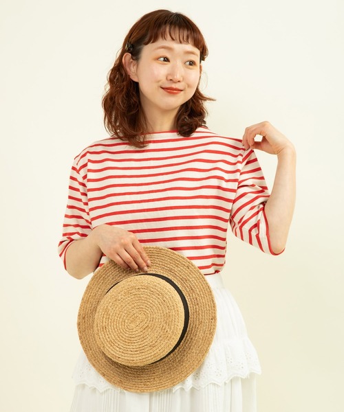 CHILD WOMAN（チャイルドウーマン）の「16/2空紡糸ボーダー チェリー刺繍5分袖プルオーバー（Tシャツ/カットソー・レディース・ブルー/アイボリー/ネイビー/レッド・FREE）」の7枚目の写真