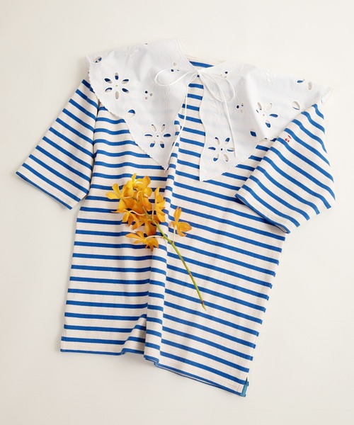 CHILD WOMAN（チャイルドウーマン）の「16/2空紡糸ボーダー チェリー刺繍5分袖プルオーバー（Tシャツ/カットソー・レディース・ブルー/アイボリー/ネイビー/レッド・FREE）」の22枚目の写真