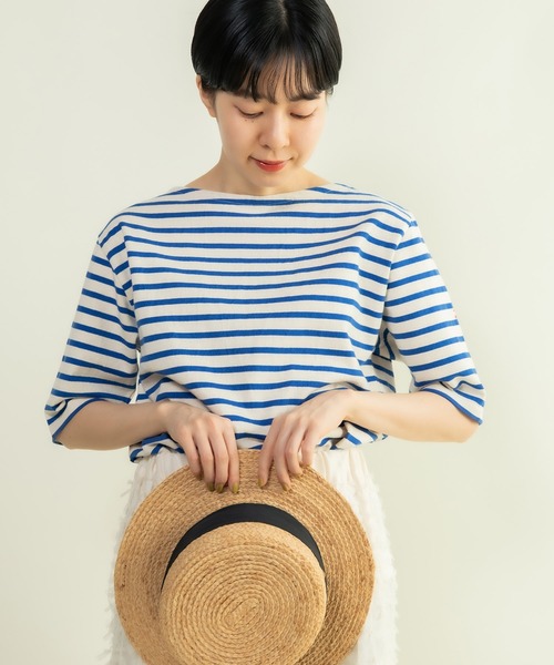 CHILD WOMAN（チャイルドウーマン）の「16/2空紡糸ボーダー チェリー刺繍5分袖プルオーバー（Tシャツ/カットソー・レディース・ブルー/アイボリー/ネイビー/レッド・FREE）」の6枚目の写真