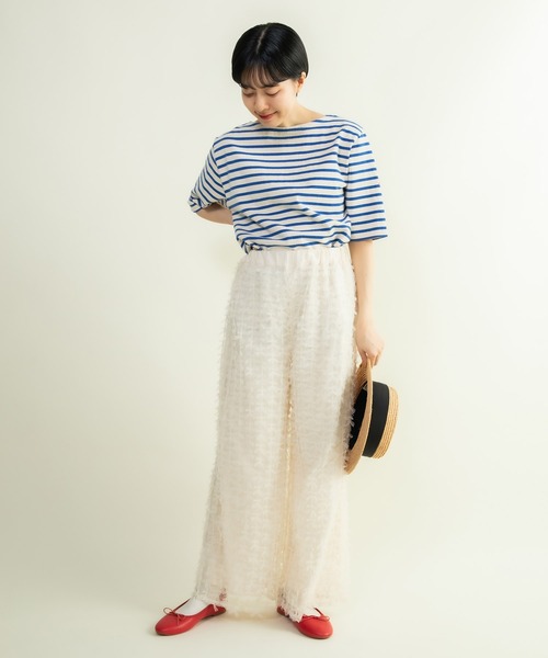 CHILD WOMAN(チャイルドウーマン)の「16/2空紡糸ボーダー チェリー刺繍5分袖プルオーバー(Tシャツ/カットソー・レディース・ブルー/アイボリー/ネイビー/レッド・FREE)」の16枚目の写真
