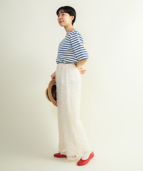 CHILD WOMAN（チャイルドウーマン）の「16/2空紡糸ボーダー チェリー刺繍5分袖プルオーバー（Tシャツ/カットソー・レディース・ブルー/アイボリー/ネイビー/レッド・FREE）」の15枚目の写真