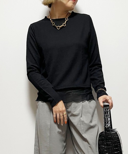 Fizz(フィズ)の「シャーリング裾シアーロンT(Tシャツ/カットソー・レディース・アイボリー/ブラック/グレイッシュベージュ・M)」の1枚目の写真