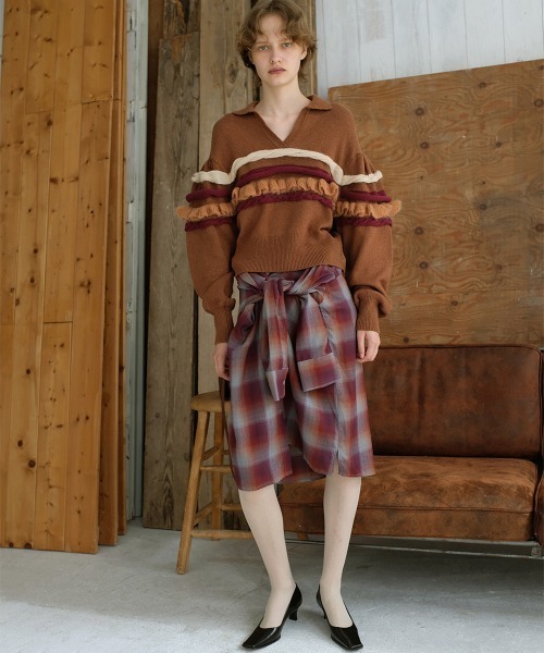 leinwande（ラインヴァンド）の「Textured Ruffle Sleeve Polo（ニット/セーター・レディース・ネイビー/グレー/オレンジ・ONE SIZE）」の7枚目の写真