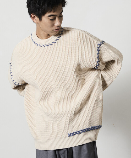 セール】限定展開 リラックスフィット ハンドステッチデザイン 畦編み