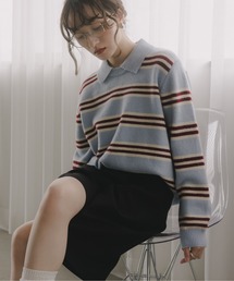 ポロ襟 ボーダー ラムタッチ ニット