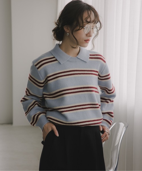 ポロ襟 ボーダー ラムタッチ ニット（ニット/セーター）｜210nouve