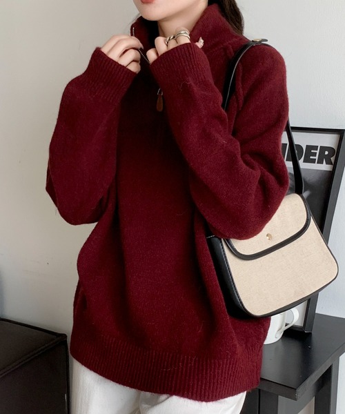 Maison Calme(メゾンカルム)の「ハーフジップニットプルオーバー ふわもち素材 ビンテージ風ジップ スタンドカラー(ニット/セーター・レディース・ホワイト/ワイン/ブラック/ベージュ/グレー・F)」の5枚目の写真